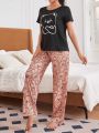 Women's Short Sleeve Long Pants Bear Print Pajama Set