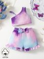 Baby Girls' Gradient Irregular Shoulder Top And Bowknot Decorated Shorts Set