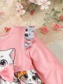 Baby Girls' Lovely Cat Printed Dress With Ruffled Hemline