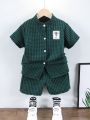 SHEIN Kids SUNSHNE Toddler Boys Gingham Button Up Shirt & Shorts