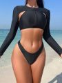 SHEIN Swim SPRTY Women's Solid Color Zipper Closure Slim Fit Swimwear Top Set