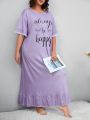 Plus Slogan Graphic Contrast Lace Ruffle Hem Nightdress