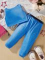 Baby Girls' Imitation Denim Printed Vest And Pants Set