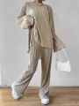 SHEIN Essnce Women's Bell Sleeve Top With Split Hem And Pants 2 Piece Set