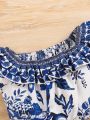 SHEIN Baby Girl Retro Blue Flower Pattern Off Shoulder Short Sleeve Top And Pants Suit