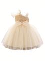 Infant Girls' Asymmetrical Neckline Dress Adorned With Large Bow And Netting