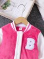 SHEIN Kids Y2Kool Girls' (toddler/little Kid) Contrast Color Letter Patch Fleece Jacket And Pants 2pcs Outfit