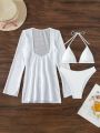 SHEIN Swim Y2GLAM Solid Color Bikini Swimsuit Set + Knitted Hollow Out Cover Up Dress