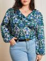 SHEIN Frenchy Plus Size Vacation Printed V-Neck Blouse With Ruffle Hem