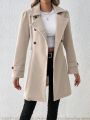 SHEIN Frenchy Women's Solid Color Lapel Double-breasted Wool Coat With Waist Belt