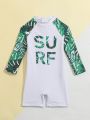 Infant Boys' Long Sleeve One-piece Swimsuit With Plant Pattern