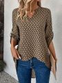 Printed Shirt With Notched Collar, Rolled Up Sleeves, High-Low Hem, And Cross Front Detail