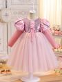 Toddler Girls' Pink Bubble Embroidery & Sequin Embellished Princess Dress Suitable For Performances, Weddings, Parties And Holidays