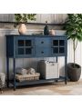 Sideboard Console Table with Bottom Shelf, Farmhouse Wood/Glass Buffet Storage Cabinet Living Room