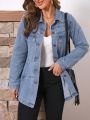 SHEIN LUNE Women's Solid Color Water-washed Denim Jacket With Two Pockets