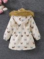 SHEIN Kids EVRYDAY Young Girl Butterfly Print Fuzzy Trim Hooded Thermal Lined Coat Without Sweater