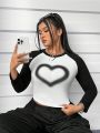 SHEIN Coolane Women'S Plus Size Raglan Sleeve Heart Print T-Shirt