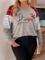 Women'S Plus Size Grid-Stripe Patchwork Raglan Sleeve Alphabet Print T-Shirt