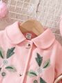 Baby Girls' Woolen Coat With Flower Embroidery And Front Button Closure + Hat