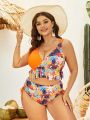 SHEIN Swim Vcay Plus Size Women'S Palm Tree Print Swimwear Set