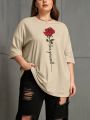 Plus Size Women'S Rose Printed Round Neck T-Shirt