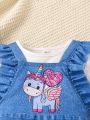 SHEIN Kids QTFun Young Girls' Cute Denim Print Jumpsuit With Short Sleeve T-Shirt Set