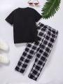 Boys' Casual Sports Dinosaur Print Round Neck Short-sleeved And Plaid Trousers Suit Spring And Summer