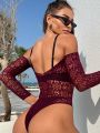 1pc Off-shoulder Perspective Mesh Sexy Bodysuit