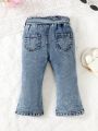 Baby Girls' Water Washed Bell Bottom Jeans With Flower Bud Belt