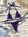 SHEIN Swim Y2GLAM Women's Metallic Texture Hollow Out Halter Neck Bikini Set