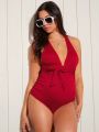 SHEIN Maternity Deep V-neck Texture One-piece Swimsuit Beachwear