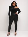 GAUTII Plus Asymmetrical Neck Velvet Bodysuit