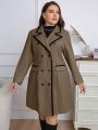 SHEIN Clasi Plus Size Double Breasted Peacoat With Mock Pocket, Winter Coat