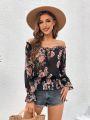 SHEIN VCAY Flower Pattern Off Shoulder Vacation Shirt