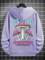 Extended Sizes Men Plus Mushroom & Slogan Graphic Kangaroo Pocket Drawstring Hoodie