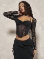 SHEIN BAE Romantic Valentine's Day Night Outfit, Sexy Sheer Black Lace Patchwork Crop Top With Long Sleeve And Halter Neck For Women