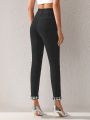 K by AKW High-Waisted Black Denim Jeans With Optional Houndstooth Cuff