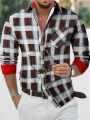 Manfinity Homme Men's Plaid Collared Button Front Shirt With Pocket & Drop Shoulder Sleeve, Suitable For Spring Autumn