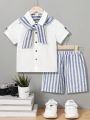 SHEIN Kids EVRYDAY Young Boy Casual Stripe Cape & Patchwork 2-In-1 Short Sleeve Shirt And Shorts Set, College Style