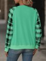 Women's Plaid Splicing Raglan Sleeve Notched Neckline Sweatshirt