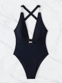 SHEIN Swim BAE Women's Solid Color Crisscross Backless One-piece Swimsuit