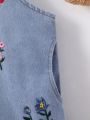 Toddler Girls' Vacation & Leisure Blue Denim Overall Dress With Floral Embroidery