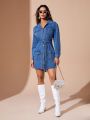 SHEIN BAE Women's Belted Denim Shirt Dress