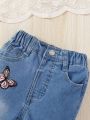 Little Girls' Y2k Style Stretchy Raw Hem Ripped Butterfly Printed Flare Jeans