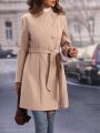 Solid Button Front Belted Overcoat