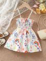 SHEIN Baby Girl's Fun And Cute Hand-Drawn Illustration Printed Bustier Strap Dress