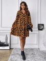 SHEIN LUNE Women's Leopard Print Lantern Sleeve Doll Collar Notched Neck Dress