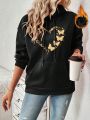 SHEIN Unity Butterfly & Heart Print Kangaroo Pocket Warm Lining Hoodie