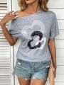 Women's Heart Print Batwing Short Sleeve Casual T-Shirt