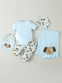 SHEIN Baby Boy 5pcs/Set Romper, Stripe Pants, Hat, Bib, Swaddle Blanket Gift Set